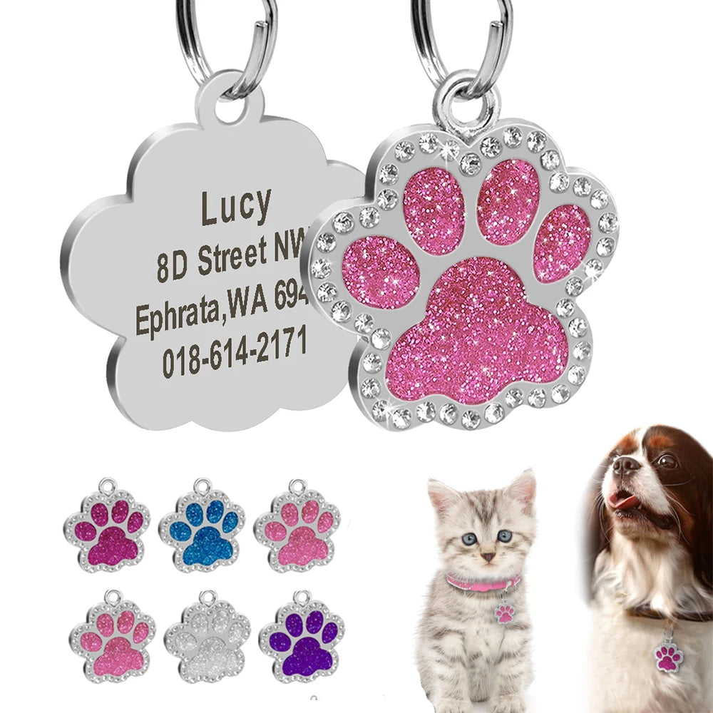 Glitter Paw Rhinestone Pet Tag Personalised Engraving