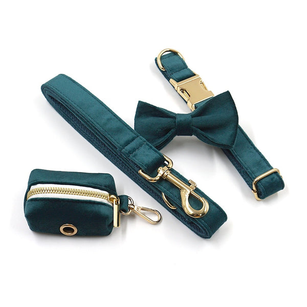 Load image into Gallery viewer, Luxury Velvet Crush Emerald - Leash, Poop Bag Holder & Personalised Collar