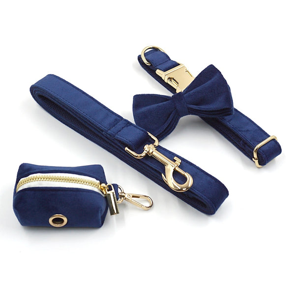 Load image into Gallery viewer, Luxury Velvet Crush Navy - Leash, Poop Bag Holder & Personalised Collar