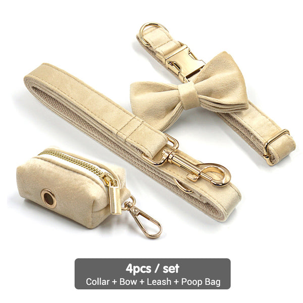 Load image into Gallery viewer, Luxury Velvet Crush Beige - Leash, Poop Bag Holder & Personalised Collar