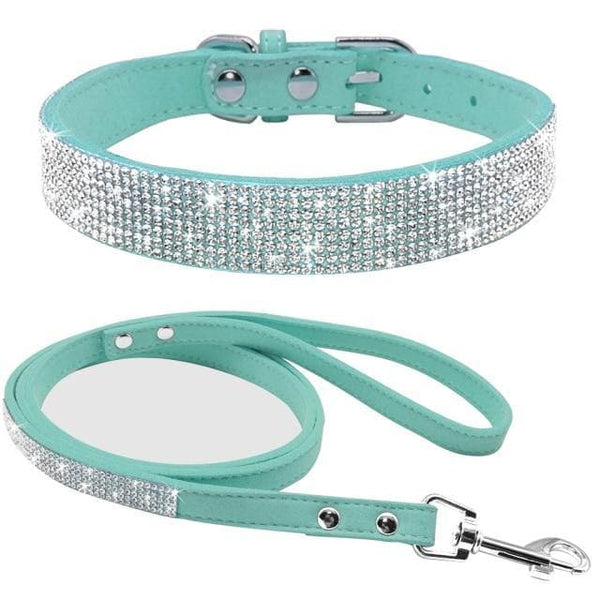 Load image into Gallery viewer, Rhinestone sparkly dog collar and leash set aqua