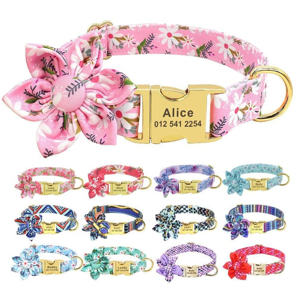 Load image into Gallery viewer, Personalised dog collar floral engraved name and phone number