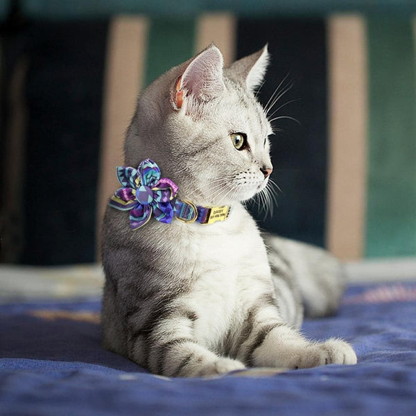 Load image into Gallery viewer, Personalised dog collar floral engraved name and phone number cat wearing