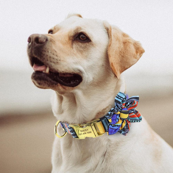 Load image into Gallery viewer, Personalised dog collar floral engraved name and phone number dog wearing