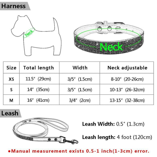 Load image into Gallery viewer, Rhinestone sparkly dog collar and leash set size guide
