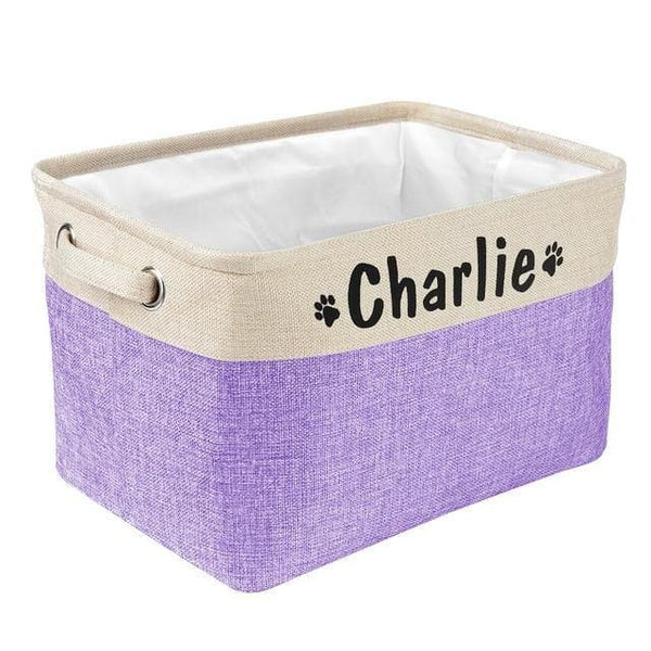 Load image into Gallery viewer, personalised pet toy storage box printed with name purple