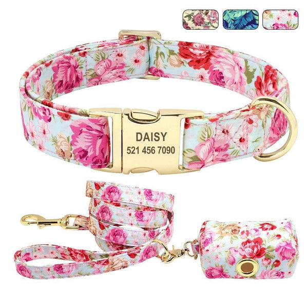 Load image into Gallery viewer, personalised dog collar with engraving and matching leash and poo bag holder set