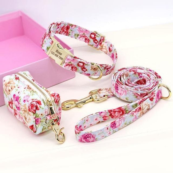 Load image into Gallery viewer, personalised dog collar with engraving and matching leash and poo bag holder set