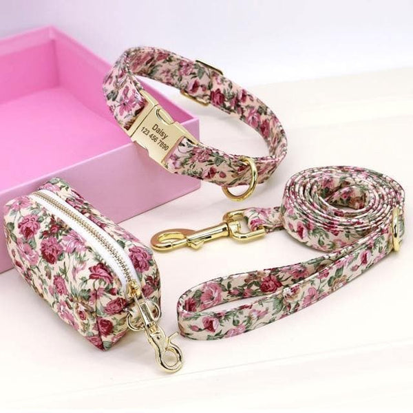 Load image into Gallery viewer, personalised dog collar with engraving and matching leash and poo bag holder set