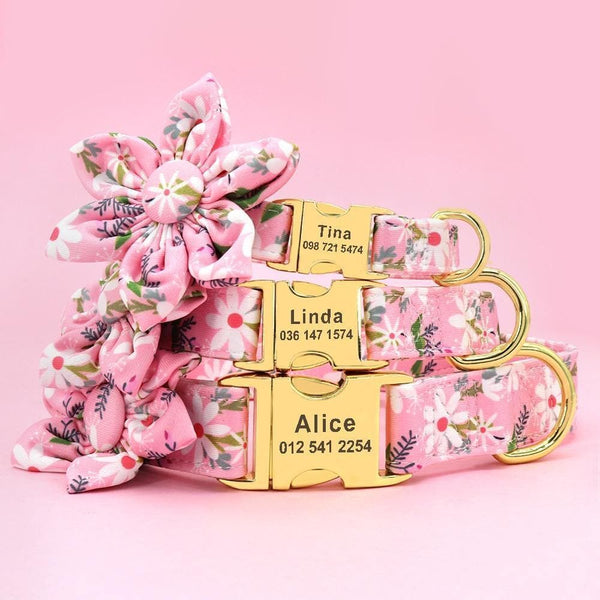 Load image into Gallery viewer, Personalised dog collar floral engraved name and phone number gold buckle