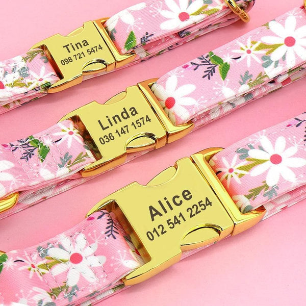 Load image into Gallery viewer, Personalised dog collar floral engraved name and phone number gold buckle