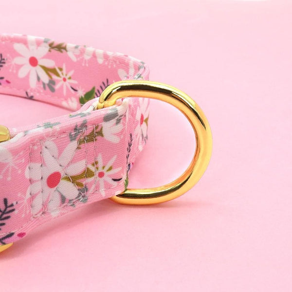 Load image into Gallery viewer, Personalised dog collar floral engraved name and phone number gold buckle