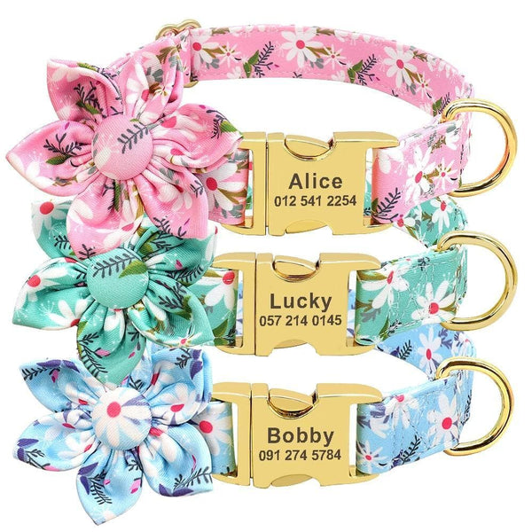 Load image into Gallery viewer, Personalised dog collar floral engraved name and phone number