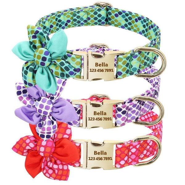 Load image into Gallery viewer, Personalised dog collar floral engraved name and phone number