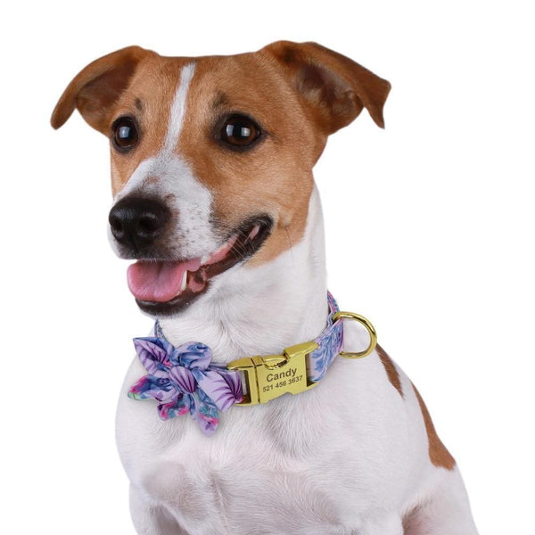 Load image into Gallery viewer, Personalised dog collar floral engraved name and phone number dog wearing jack russell