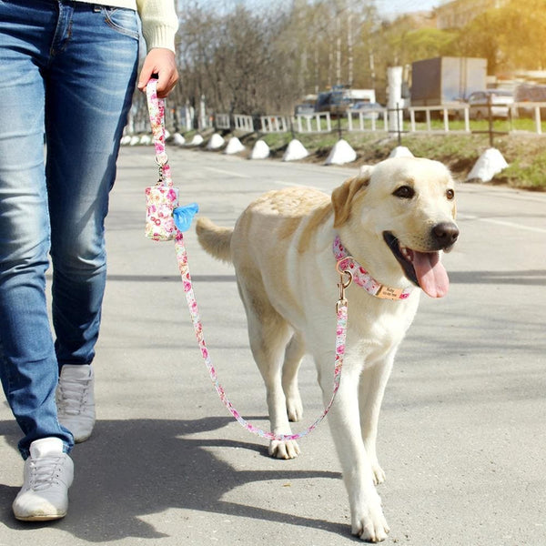 Load image into Gallery viewer, Floral dog leash and matching poo bag dispenser holder