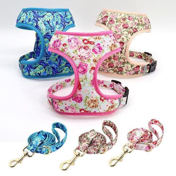 Load image into Gallery viewer, floral dog harness and matching leash set