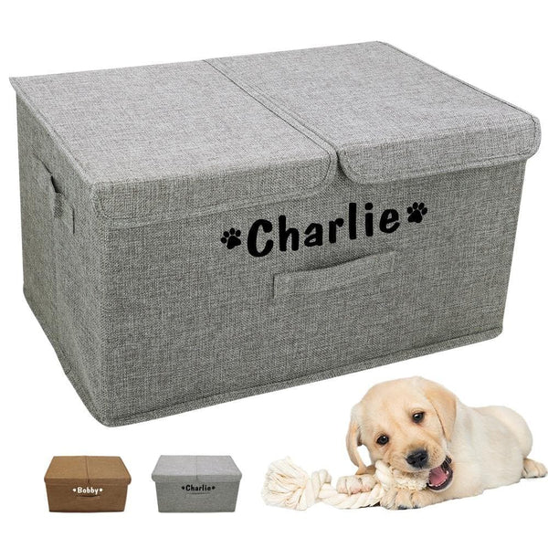 Load image into Gallery viewer, dual compartment personalised pet toy storage box with printed name