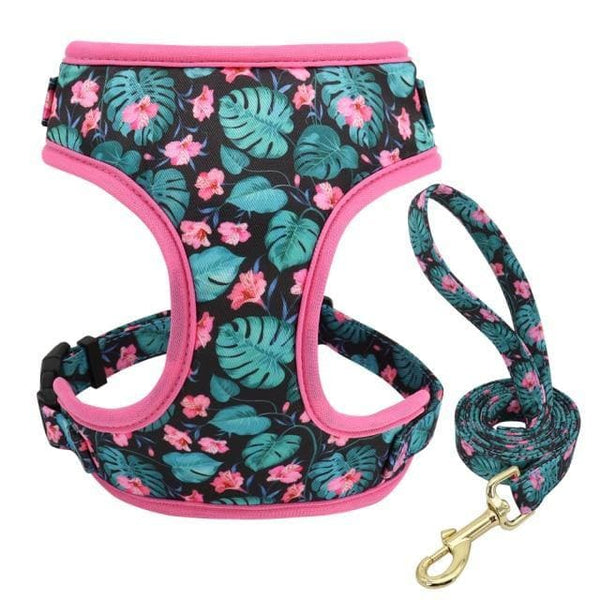 Load image into Gallery viewer, floral dog harness and leash set black