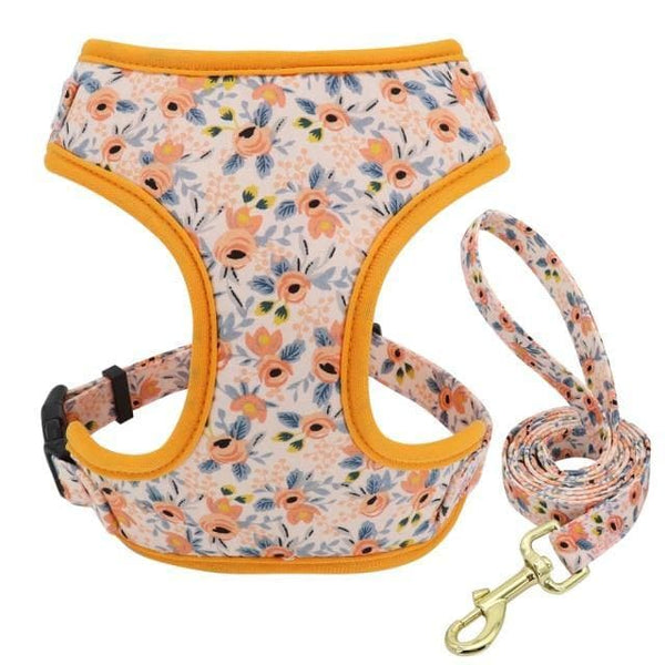 Load image into Gallery viewer, floral dog harness and leash set orange