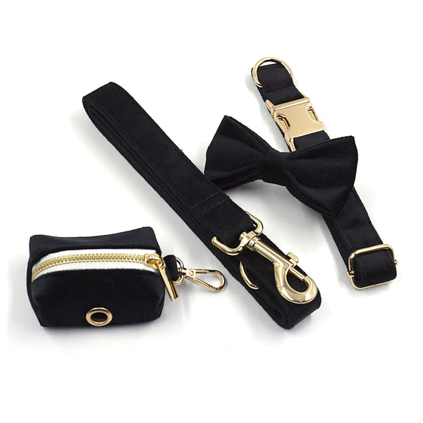 Load image into Gallery viewer, Luxury Velvet Crush Black - Leash, Poop Bag Holder & Personalised Collar