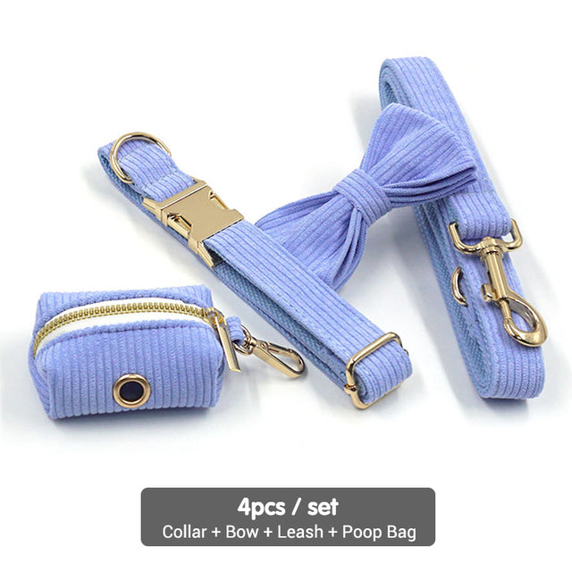 Corduroy Crush Blue - Leash, Poop Bag Holder & Personalised Collar