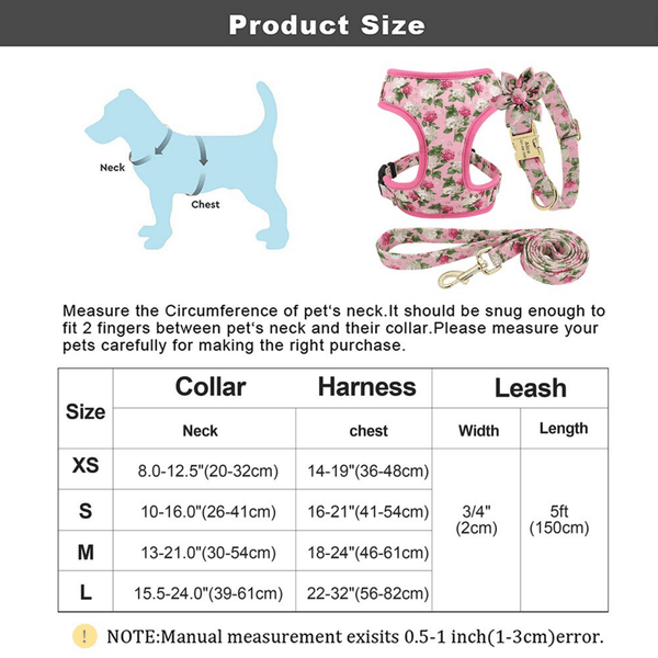 Load image into Gallery viewer, floral dog personalised collar and harness and leash set sizing guide
