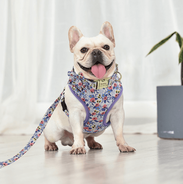 Load image into Gallery viewer, bulldog wearing flora dog personalised collar and harness and leash set
