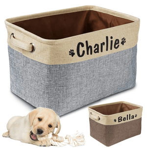 personalised pet toy storage box with printed name