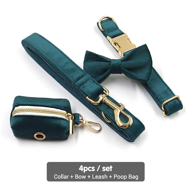 Luxury Velvet Crush Emerald - Leash, Poop Bag Holder & Personalised Collar