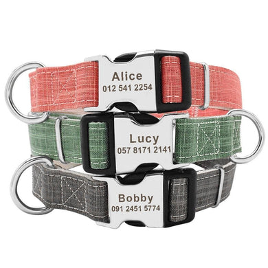 linen personalised dog collar engraved with name and phone number