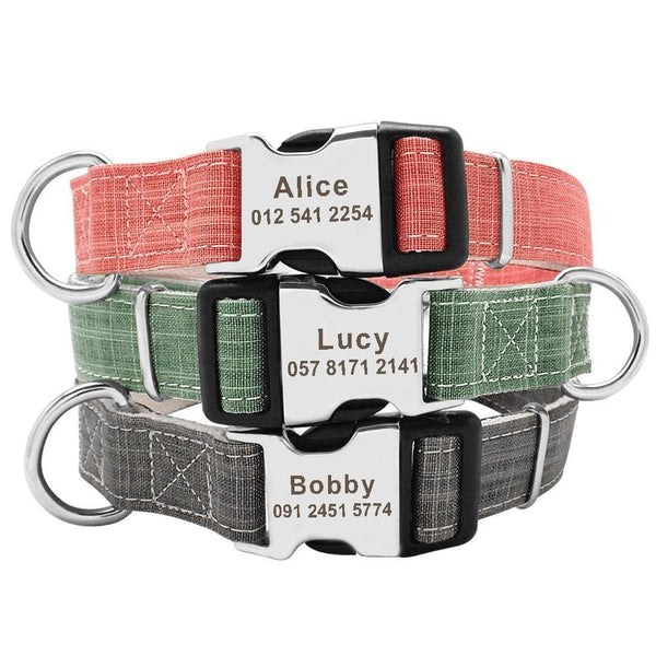 Load image into Gallery viewer, linen personalised dog collar engraved with name and phone number
