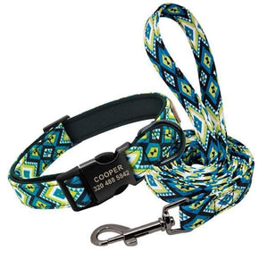 personalised dog collar and leash set engraved with name and phone number