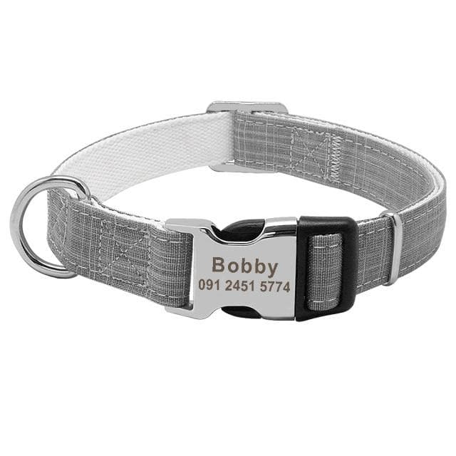 linen personalised dog collar engraved with name and phone number