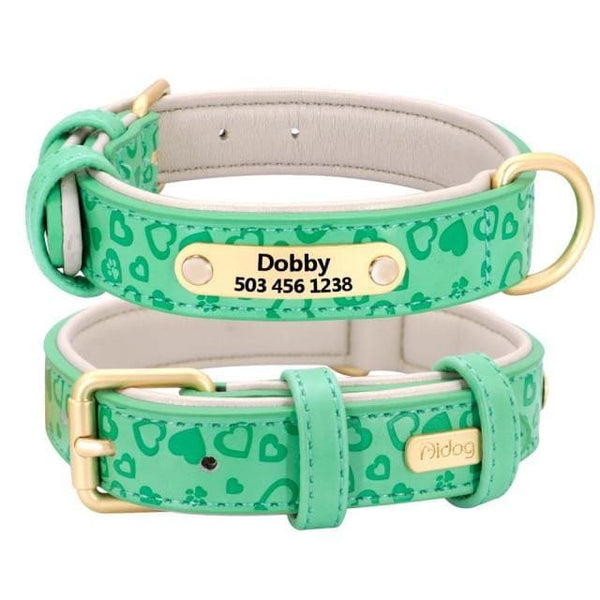 Load image into Gallery viewer, personalised pet collar with engraving green with hearts
