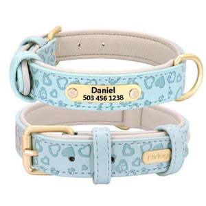 personalised pet collar with engraving blue with hearts