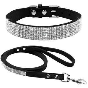 Rhinestone sparkly dog collar and leash set black