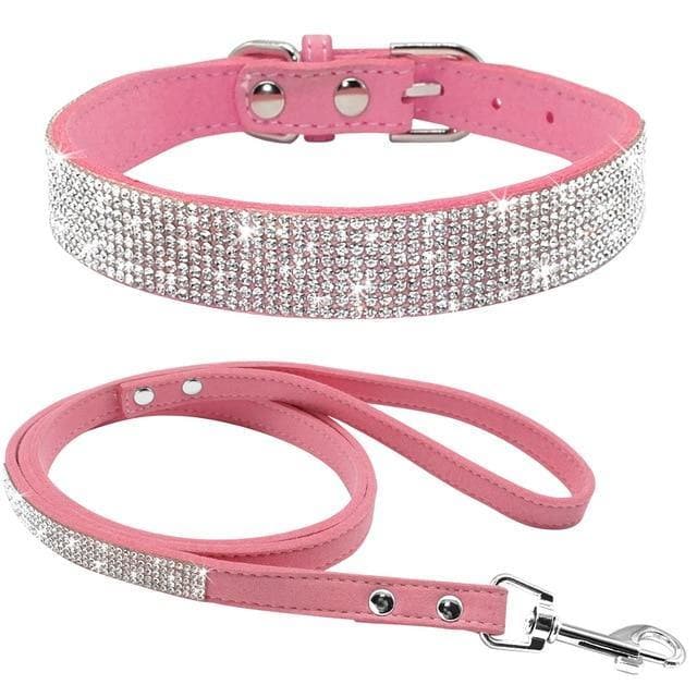 Rhinestone sparkly dog collar and leash set pink