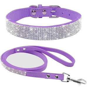 Rhinestone sparkly dog collar and leash set purple
