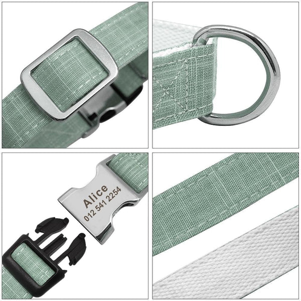 Load image into Gallery viewer, linen personalised dog collar engraved with name and phone number
