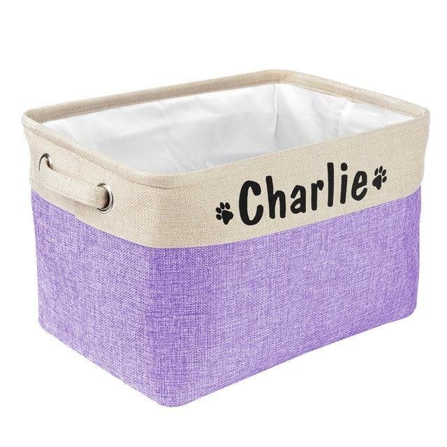 personalised pet toy storage box printed with name purple