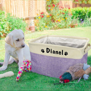 personalised pet toy storage box with printed name