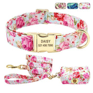 personalised dog collar with engraving and matching leash and poo bag holder set