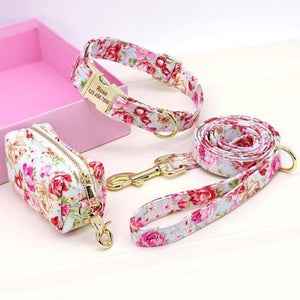 personalised dog collar with engraving and matching leash and poo bag holder set