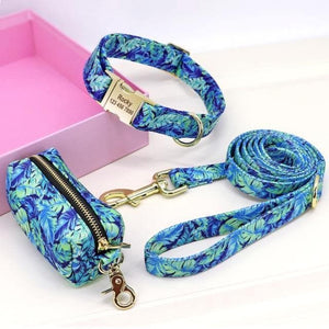 personalised dog collar with engraving and matching leash and poo bag holder set