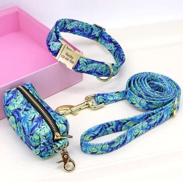 Load image into Gallery viewer, personalised dog collar with engraving and matching leash and poo bag holder set

