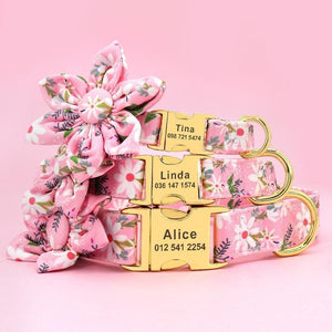 Personalised dog collar floral engraved name and phone number gold buckle