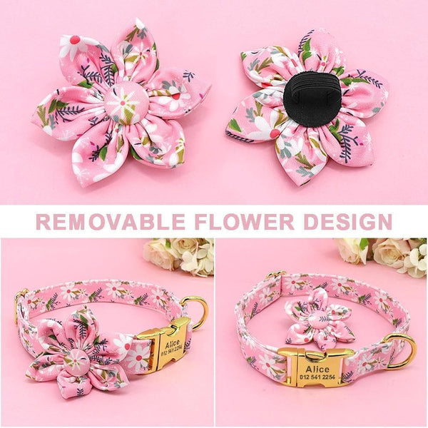 Load image into Gallery viewer, Personalised dog collar floral engraved name and phone number gold buckle
