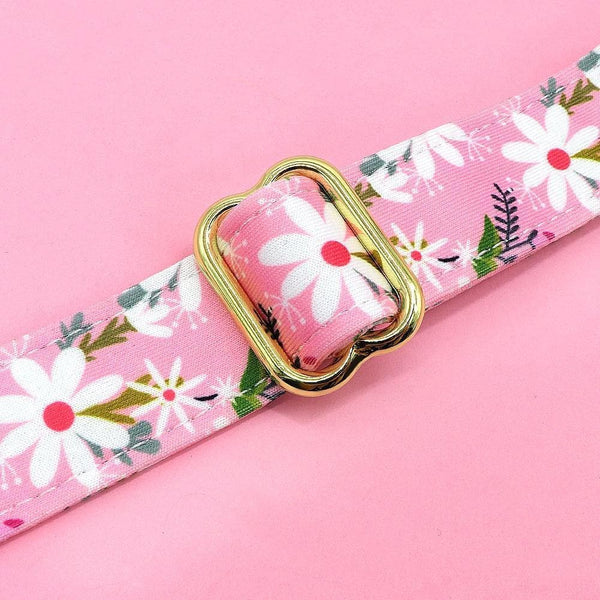 Load image into Gallery viewer, Personalised dog collar floral engraved name and phone number gold buckle

