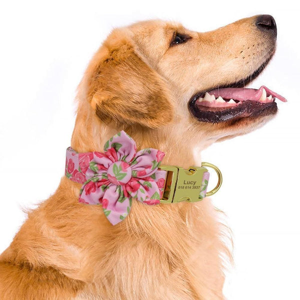 Load image into Gallery viewer, Personalised dog collar floral engraved name and phone number dog wearing
